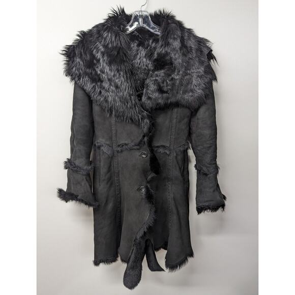 Di Bello Women's Leather Shearling Fur Midi Black Coat Made In Italy Size Small - Picture 1 of 12